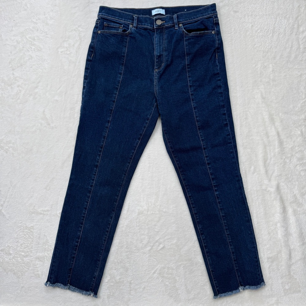 Loft Outlet Jeans Womens 12 Dark Blue High Rise Straight Front Seam Raw Hem